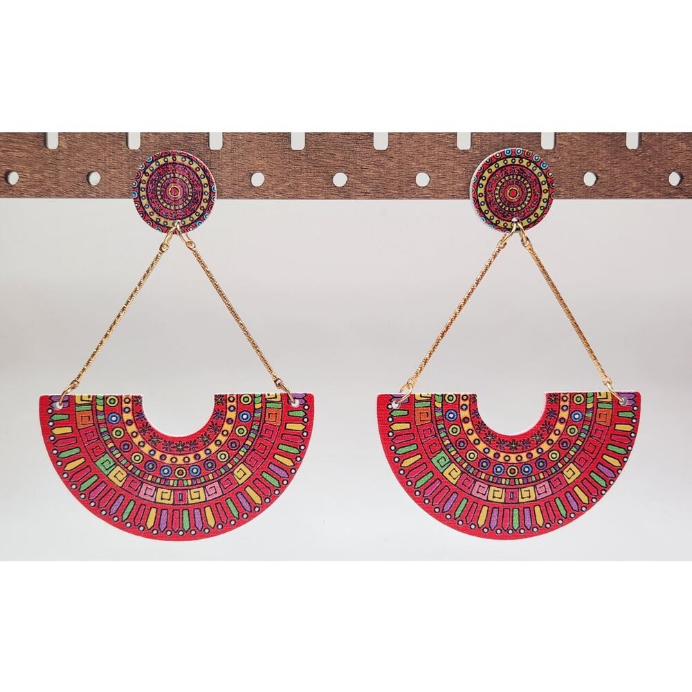 Boho Red Geometric Mandala Print Half Circle Wood Dangle Statement Earrings